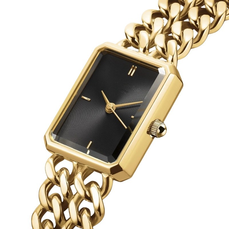 Double Chain Black Gold Steel Quartz Ladies Luxury Watch