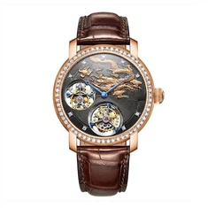 Gwylio Symud Sgerbwd Tourbillon Dwbl Aur 18k.